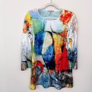 Jess & Jane Womens Top Blouse Size S Artsy Watercolor Perforated Colorful